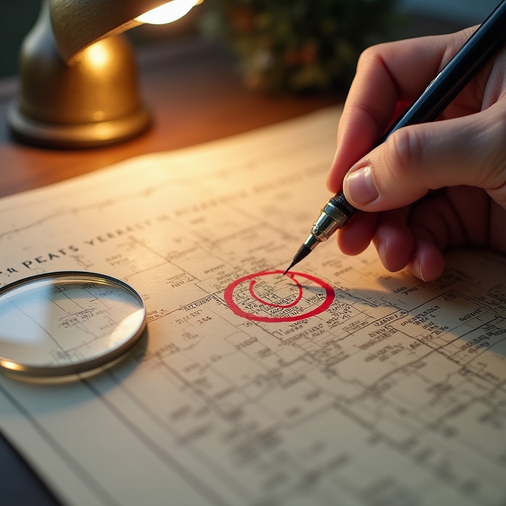 Close-up of a cadastral map with parcel boundaries highlighted during a property review session