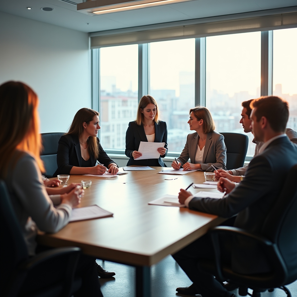 Cooperative group meeting around a conference table reviewing property acquisition documents