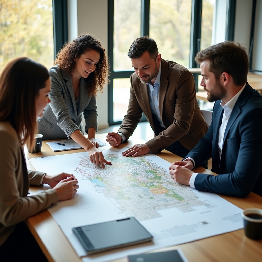 Group of professionals discussing a land map and property documents around a table