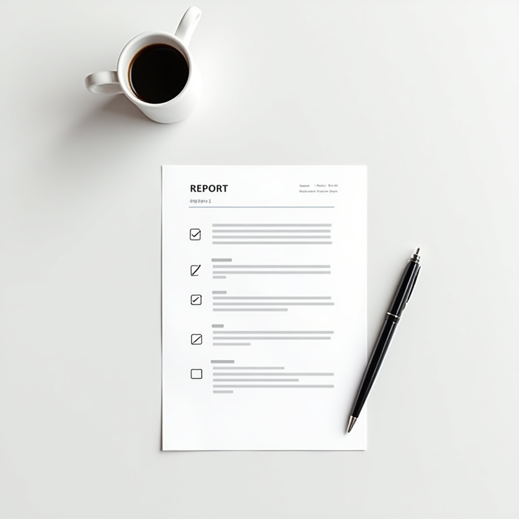 Structured property verification report document on a clean desk with pen and coffee